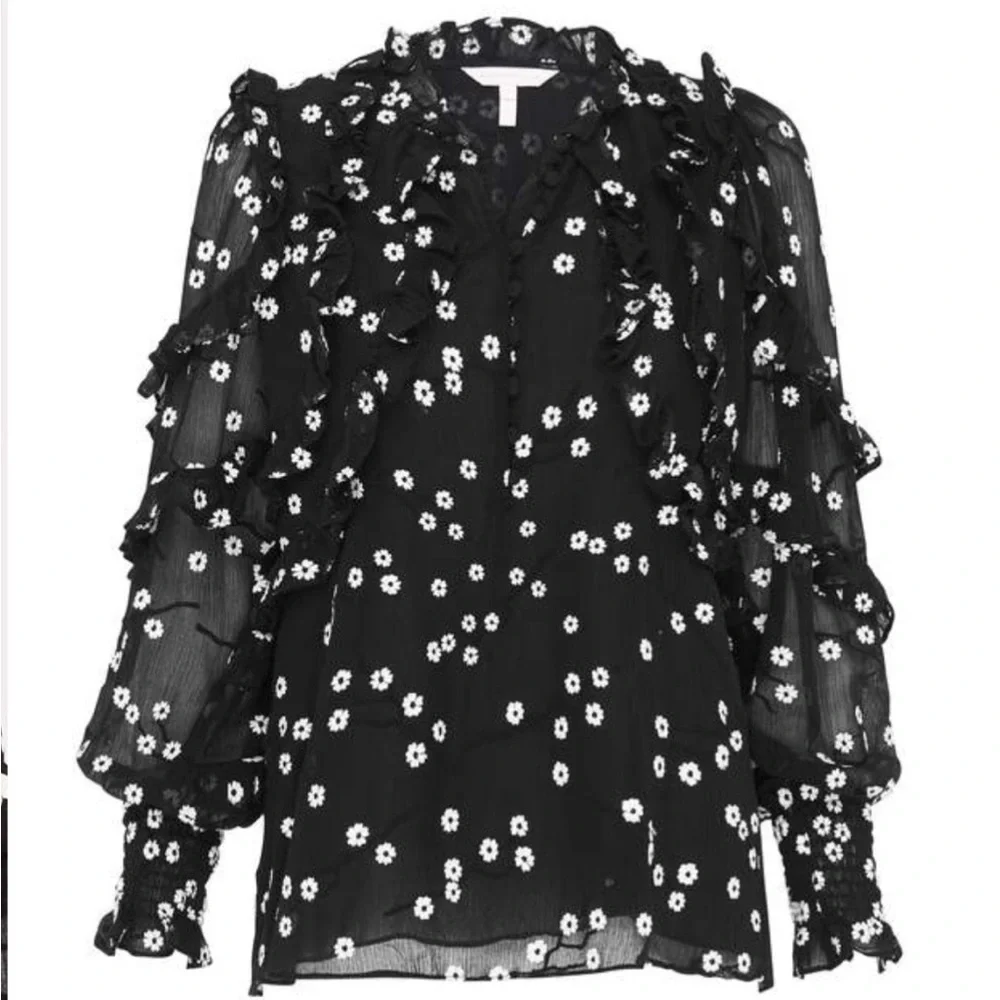 Rebecca Taylor Black & White Alessandra Ruffle Top Size 0 - Picture 15 of 15